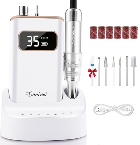 Enniewi Ponceuse pour Ongles Professionnel avec Station de Charge Auto, Recharge à Tout Instant, 35000RPM Sans Fil pour Gel Acrylique, Kit Manucure 7 Embouts Portable pour Salon Maison, Blanc