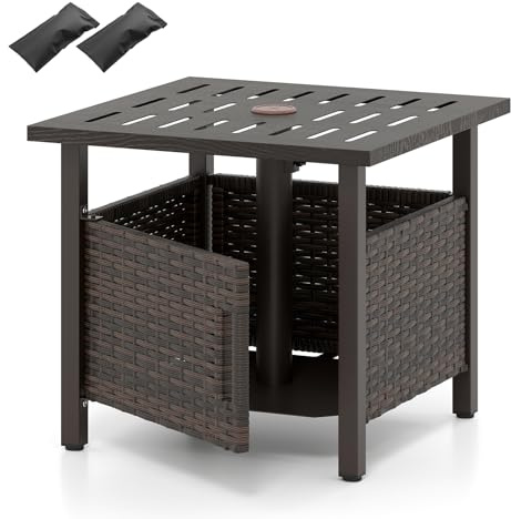 LIFEZEAL Mesa de Jardín de Polirratán con Orificio para Sombrilla, Mesa Auxiliar para Exterior, Resistente a la Intemperie, Mesa de Terraza con 2 Sacos de Arena, para Balcón y Jardín, Marrón
