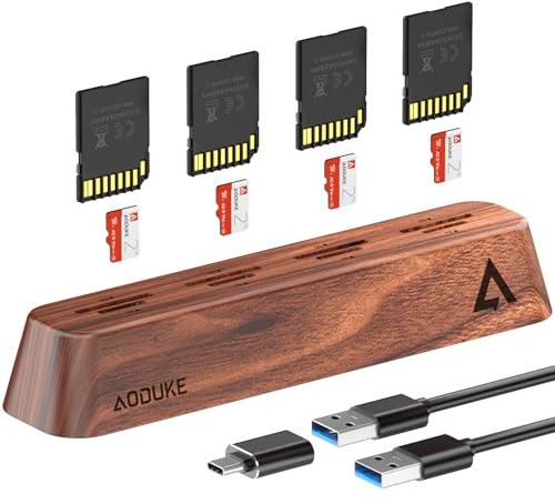 AODUKE 8-portars USB 3.0 SD-kortläsare, valnötsträ design 5 Gbps data, samtidigt stöd för Micro SD/TF3.0 och SD3.0 kortläsning och skrivning (kompatibelt UHS-I/II-kort) -AST43M