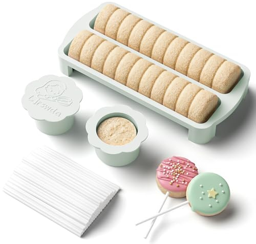 LJRSWDA Cake Pop Cutter and Pusher Kit with Non-3D Printed 1.75” Round Cake Pop Mold, High-Capacity Dual-Cavity Cake Pop Tray, Set with 100 Pcs Cake Pop Sticks, Dishwasher Friendly | white