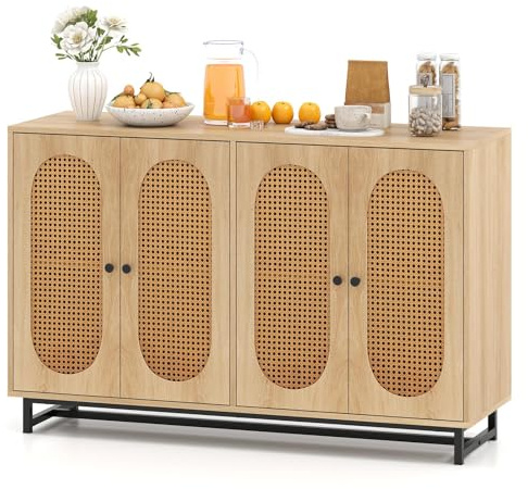 TANGZON Storage Cabinet, Rattan Buffet Sideboard with 2/4 Doors, 1/2 Adjustable Shelves & Metal Legs, Wooden Kitchen Cupboard Unit for Dining Living Room Hallway (4 Doors, 126x40x81cm, Natural)
