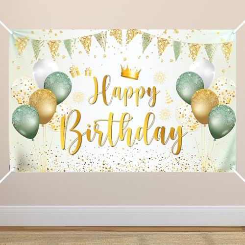 XRVRILE Deco Anniversaire en Vert et or 1 Ballon Macaron, Banderole Joyeux Anniversaire 180 x 110 cm, Grande Birthday Banner pour les Décorations de Fête des Filles et des Garçons