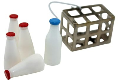 SELVFZ Juego de 5 botellas de leche en miniatura con cesta para casas de muñecas, cocina, comedor, exhibición, juegos de rol, accesorios para casas de muñecas, juego de botellas de leche en miniatura