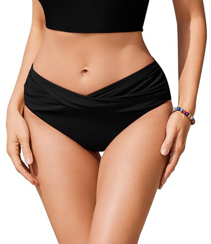 Ekouaer Women's Bikini Bottoms Swim Pants Twist Front Ruched Swimsuit Basic Swimwear Black M