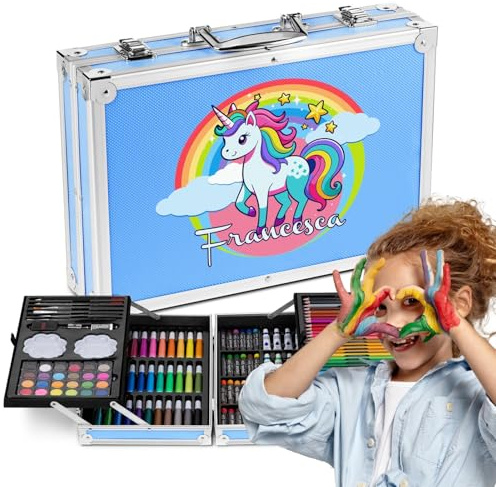 Maverton Valigetta Colori Personalizzata - Azzurra o Rosa a 2 Piani - Set Pittura e Disegno - Kit Matite Colorate Pastelli Pennarelli Colori a Matita - Regalo Bambini Compleanno