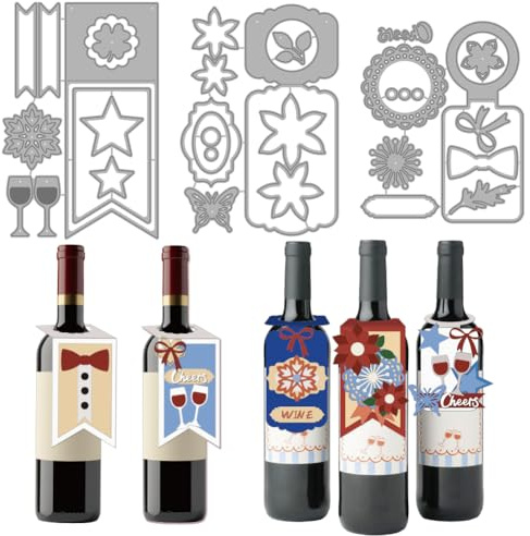 MAYJOYDIY Troqueles de Corte de Metal para Etiquetas de Botella de Vidrio, Troqueles para Etiquetas de Regalo de Botella de Vino, Plantillas de Mariposa, Lazo Floral, Plantilla de Estampado en Relieve