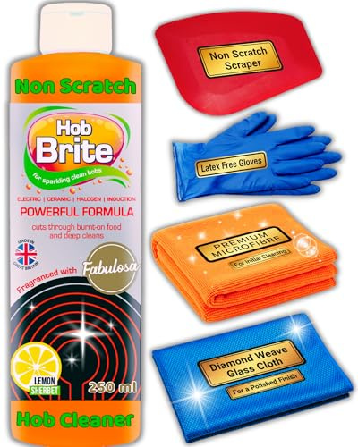 Hob Brite Ceramic Hob Cleaner for Glass, Induction & Electric Hobs - with Non-Scratch Scraper, Cleaning Cloth, Polishing Cloth & Gloves - Professional Kit for Burnt Pans & Stove Top (250ml)
