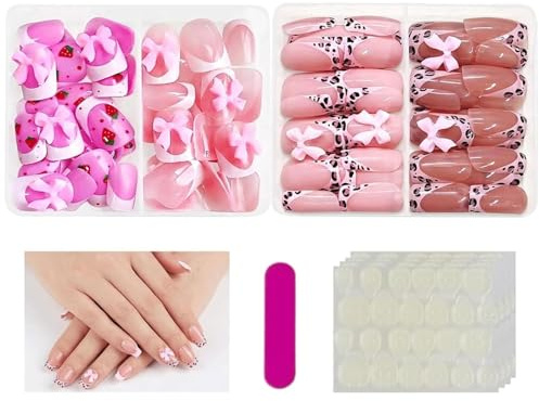 96 Pcs Kids Press On Nails – Cute Bow & Strawberry,Black polka dots, White floral patterns， Waterproof Stick On Nails For Kids, Safe False Nails With Jelly Glue, Party & Daily Nail Art For Girl