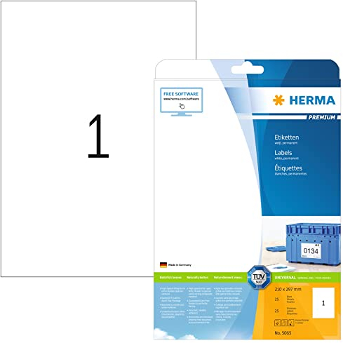 HERMA 5065 Universal Etiketten, 25 Blatt, 210 x 297 mm, 1 pro A4 Bogen, 25 Stück, selbstklebend, bedruckbar, matt, blanko Papier Klebeetiketten Aufkleber, weiß