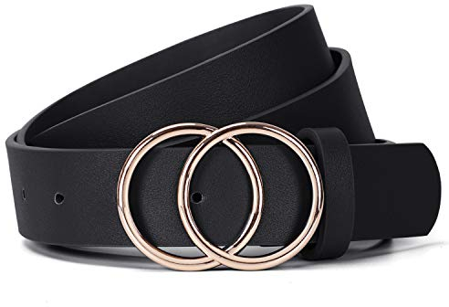 JasGood Damen Ledergürtel Mode Doppel O-Ring Schnalle Gürtel für Jeans Hosen Kleider,Schwarz/Goldene Schnalle,130cm