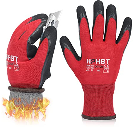 HPHST Gants de travail C432CW - Pour homme et femme - Gants d'hiver thermiques - Gants de montage - Grip double couche - Imperméables à l'huile - Gants de jardin (rouge/noir) 10/XL