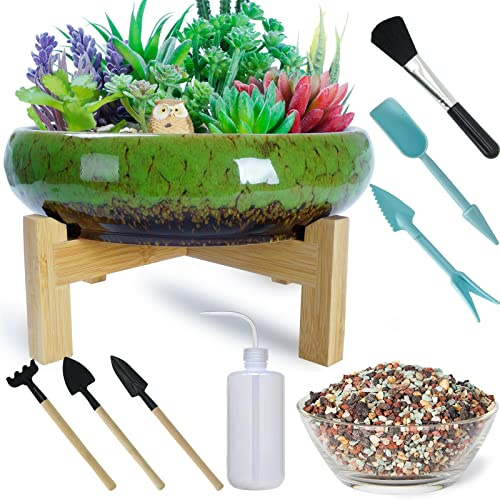 Grandi vasi per piante grasse con drenaggio Fioriere per piante grasse con set di attrezzi per piantare e ciottoli misti da 2,2 libbre - Vaso per bonsai in ceramica per piante di fiori di cactus