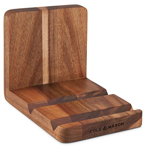 Cole & Mason H722134 Buckland Recipe Book and Tablet Stand, Wooden Cookbook Holder/Stand for Tablets/iPads, Acacia Wood, (H)130 mm x (W)130 mm x (D)180 mm, Not Suitable for The Dishwasher
