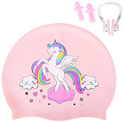 Ulikey Kinder Badekappe, Weich Silikon Gedruckt Badekappen, Rosa Schwimmkappe mit Ohrstöpsel und Nasenclips, Wasserdicht Schwimmhaube für 2-8 Jahre Jugend Jungen Mädchen Lange Haare (Einhorn)