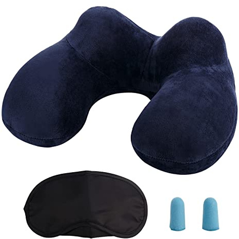 LUZWAY Cuscino da Viaggio Gonfiabile Cervicale Collo Cuscini di Supporto Travel Pillow con Federa Lavabile, Tappi per Le Orecchie, Maschera, per Viaggi Aereo Auto Treno Ufficio
