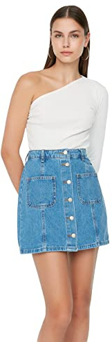 Trendyol Mini Jupe trapèze en Jean pour Femme, Bleu, 38