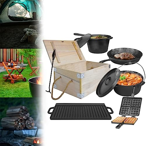 JOIEYOU Dutch Oven Lot de 12 casseroles en fonte avec pieds et couvercle dans une boîte en bois pour le camping en plein air et l'intérieur avec de nombreux accessoires