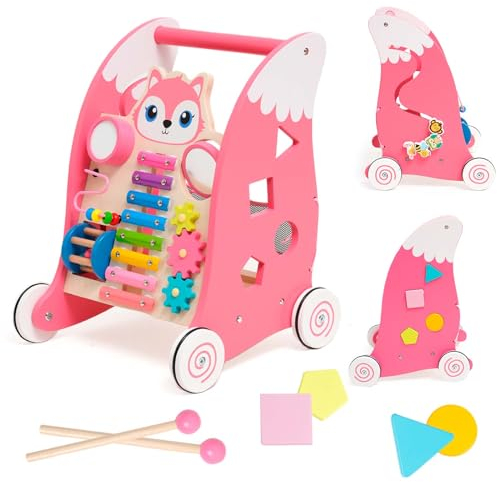 Lauflernhilfe,Lauflernwagen Holz mit Montessori Holzspielzeug,Gehhilfe mit Gummibereifung,Babywalker mit Formensortierung,Zahnrädern,Spiegeln,Xylophon und Trommeln ab 6 Monaten(Eichhörnchen) Rosa