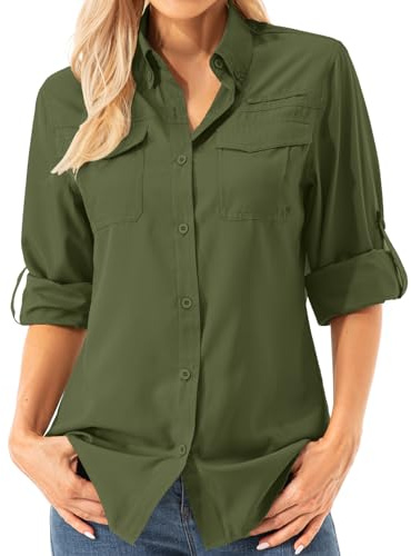 Asfixiado Chemise de randonnée aérée pour femme, manches longues, protection solaire UPF 50+, séchage rapide, parfaite pour le safari et les activités extérieures, Vert armée, M