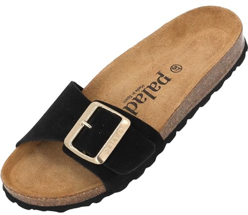 Palado Pantoletten Damen Malta EGS Velours Premium Leather - elegante Sandalen Made in Spain - Hausschuhe mit Kork-Fußbett - bequeme Sommerschuhe Schwarz UK6 - EU39