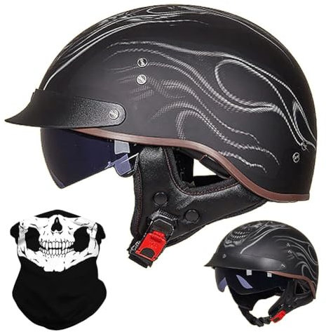 BYGMWEP Retro Motorradhalbhelm, Halbschalenhelm mit ECE, Jethelm Retro, Chopper Helm, Retro Motorrad Helm, Scooter-Helm, Offenem Helm, mit Sonnenblende, für Männer und Frauen M~XXL