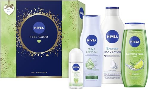 NIVEA Feel Good Coffret cadeau avec produits de soins hydratants, coffret cadeau avec lotion pour le corps, douche de soin, déodorant roll-on et shampoing