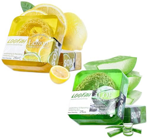 2 Naturseife Seife Stück Mit Luffa Schwamm, Aloe Vera Seif+Lemon Bar Soap, Natürlich Biologisch Feste Seife Stück, Feste Seifen Für Gesicht Und Körper, Feste Dusche Duschseife, Handgemacht Seifen