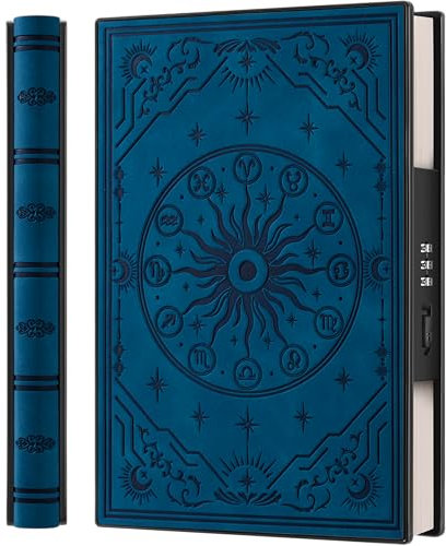 A5 Tagebuch mit Zahlenschloss und 180° Liegeflach, aus weichem PU-Leder mit geprägtem Sternzeichen-Design – Ideal für Erwachsene, Frauen, Männer und Teenager, für mehr Privatsphäre – Pfauenblau
