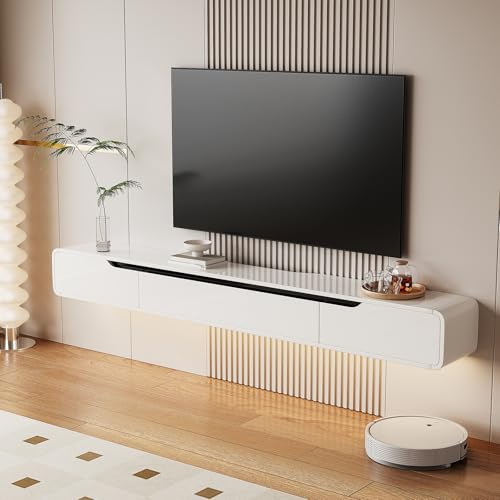 Artifyshore High Gloss Floating TV Stand with 3 Doors,120CM Wall Mounted TV Cabinet,Under TV Console,Floating Media Shelft for Bedroom Living Room(white)