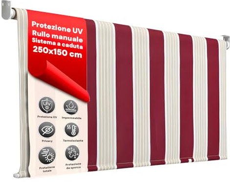 AVILIA Tenda a Rullo per Esterno 250x150 cm - Tenda da Sole a Caduta con Righe Bordeaux, Protezione UV, Impermeabile, Rullo in Alluminio, Attacco a Soffitto Incluso