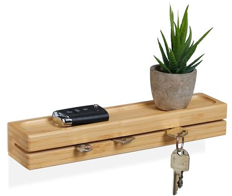 Relaxdays Mensola Portachiavi, Supporto Appendichiavi da Parete, 29,5 cm, Scaffale Portaoggetti a Muro, bambù, Naturale