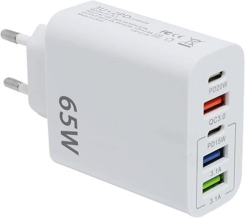 65 W Cargador USB C de 5 Puertos Cargadors Doble USB C con QC3.0 PD20W, Cargader USB Multiple para iPhone 14/13/12/11/SE 2020/XS/XR/8/7, Samsung Galaxy S23/S22