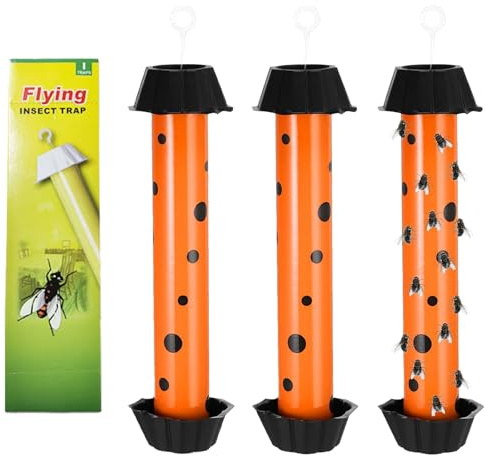 Set med 3 stora flugfällor för inomhus- och utomhusbruk, flugfångare, utomhusflugfälla, med självhäftande remsor, hängande modell, för trädgårdshus. (orange färg)