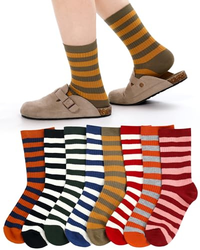 Bonuci 8 Pairs Winter Wool Striped Socks for Women Colorful Cute Retro Style Warm Crew Socks for Athletics Ladies Woolen Gifts