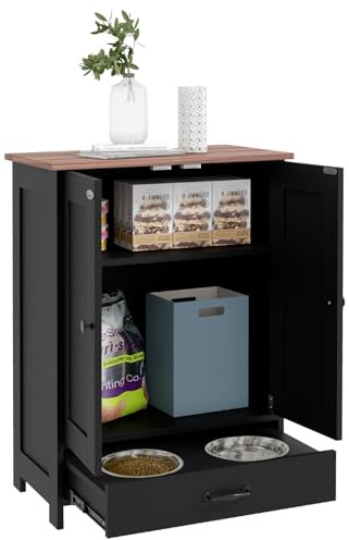 PawHut Pet Feeding Station with Storage, Dog Feeding Station with Raised Dog Bowls, Adjustable Panel, Hooks, Pet Food Storage Cabinet, Black