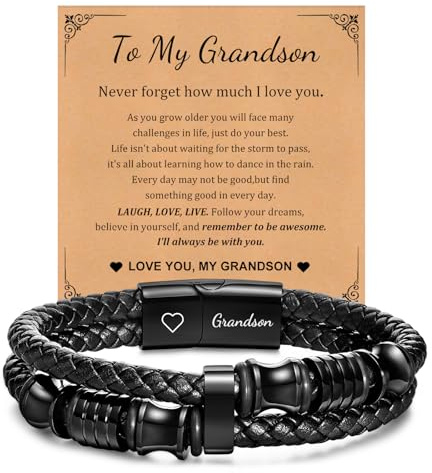 Grandson Bracelet Gifts for Boy Men - Premium Leather Bracelet with Stainless Steel Magnetic Clasp Engraved Love Words to Men Boys, Back to School Birthday Christmas Graduation Gift to Grandson