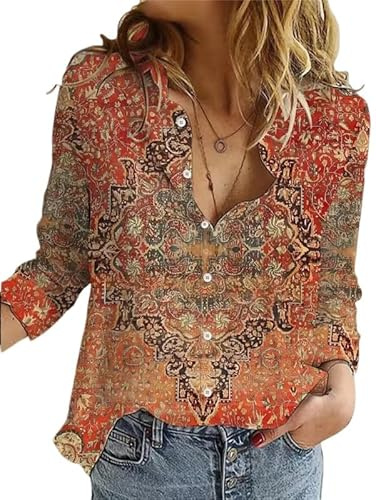 keephen Camicia Donna Etnica con Motivo Floreale a Manica Lunga Lavoro Elegante Casual con Tasche Abbigliamento Estivo Primaverile