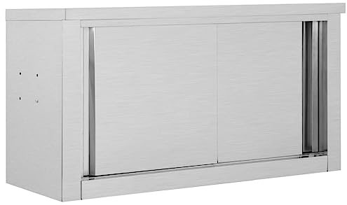 Mobile Pensile con Ante Scorrevoli in Acciaio Inossidabile, con Ampio Spazio di Archiviazione, Pensile da Cucina, Armadio Sospeso, Adatto per Ristoranti e Cucine Professionali, Argento, 90x40x50 cm