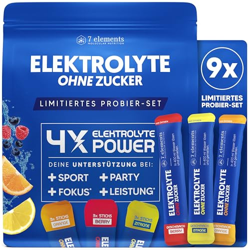 Elektrolyte OHNE ZUCKER - Probier-Set - 1390mg Elektrolyte für Sport und gegen Kater - Elektrolyt Pulver kalorienarm und zuckerfrei - Premium Electrolytes mit 3x leckeren Geschmäckern – 9 Stück
