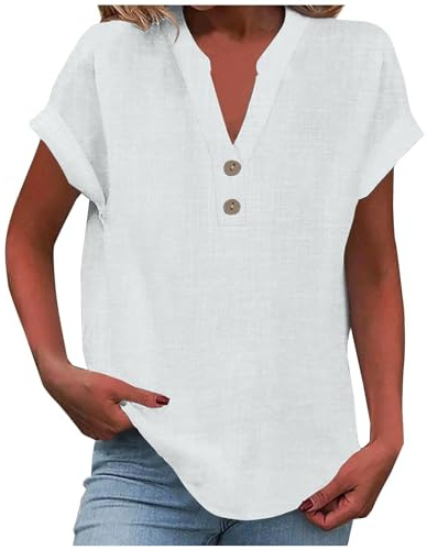 Linneblus damer sommar kortärmad bomull linne t-shirt v-ringad lång tröja överdimensionerad t-shirt lätt luftig linneskjorta ledig linne topp eleganta toppar lös blus med knappar