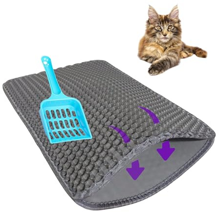 Tapis de litière chat et pelle｜60x40 cm antidérapant avec alvéoles nid d'abeille double couche, protège sol imperméable et lavable, retient grains, récupérateur ramasse-litière résistant