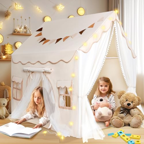 JONRRYIN Tienda Campaña Infantil con 2 Puertas, Cabañas para Niños con Luces Banderas y Bajera, Casitas Infantiles Tela Interior, Ideal Tienda Campaña para Niños Niñas