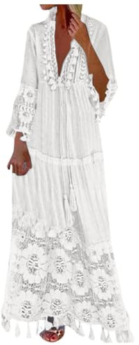 Robe à manches longues en dentelle unie patchwork à franges pour femme