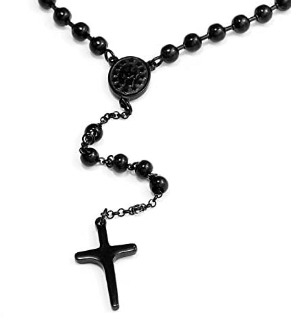 DonDon Herren Rosenkranz Kugelkette Edelstahl schwarz 63 cm verpackt in einem schwarzen Samtbeutel