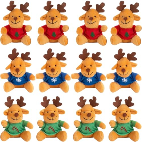 Mini Christmas Stuffed Reindeer – 12 Pack 4.5 Plush Reindeer Toys with Holiday T-Shirts, Cute Christmas Party Favors, Stocking Stuffers, Classroom Gifts, Holiday Giveaways for Kids