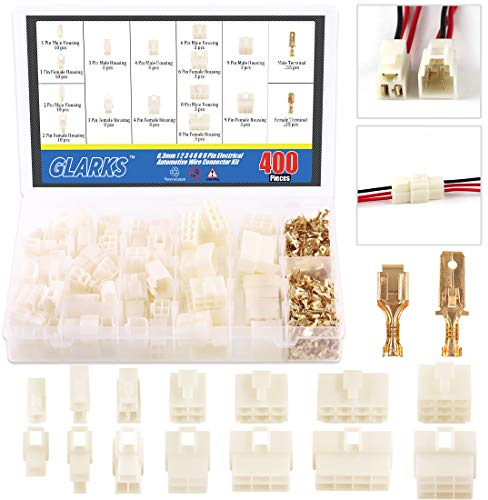 Glarks 400Pcs 6.3mm 1 2 3 4 6 8 9 Pin Electrical Automotive Wire Connector Male Female Socket Plug and Pin Header Crimp Wire Terminals Kit for Motorcycle, Bike, Car, Boats