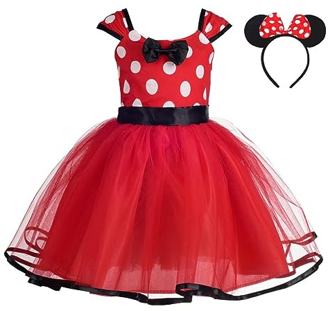 Lito Angels Deguisement Robe Princesse Minnie Enfant Fille, Anniversaire Fete Halloween Carnaval, avec Oreilles de Souris Serre-tete, Taille 3-4 ans, Pois Rouge (étiquette en tissu 120)