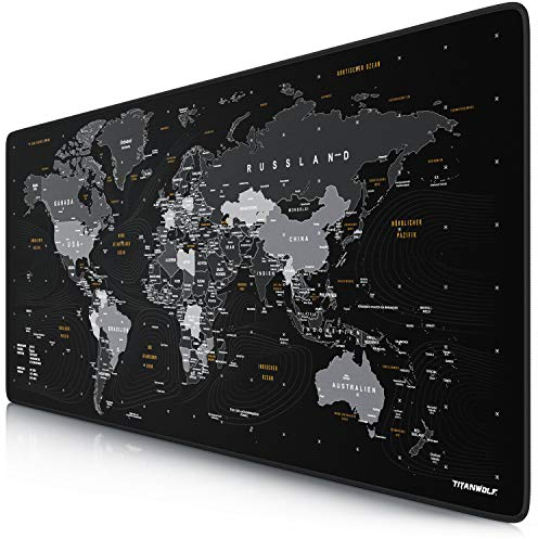 TITANWOLF - DEUTSCHES LAYOUT - Titanwolf XXL Gaming Mauspad 900x400x3 mm - Schreibtischunterlage Gross - XXL Mousepad Gaming und Office - Weltkarte schwarz