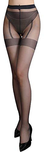 Confonze Women's Sexy Pantyhose Garter Tights Sheer Stockings Crotch Opening Stretchy Leggings (Black)