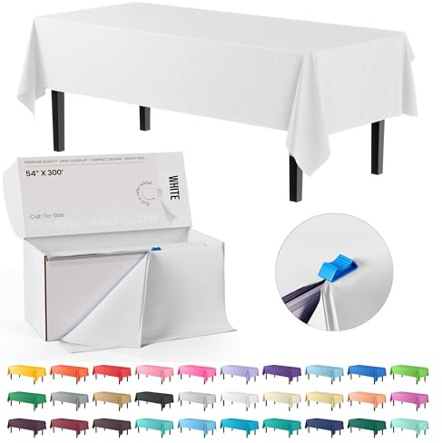 Party Solids 54 Inch X 300 Feet White Plastic Table Cover Roll in A Cut - to - Size Box with Convenient Slide Cutter. Cuts Up to 36 Rectangle 8 Feet Plastic Disposable Tablecloths